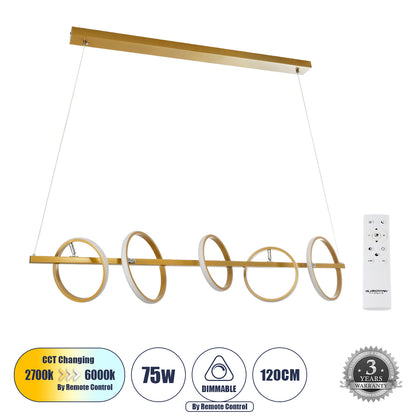 CIRCOLARE 61322 Κρεμαστό Φωτιστικό Οροφής Design LED CCT 75W 8400lm 360° AC 220-240V - Εναλλαγή Φωτισμού μέσω Τηλεχειριστηρίου All In One Ψυχρό 6000k+Φυσικό 4500k+Θερμό 2700k Dimmable Μ120 x Π25 x Υ25cm - Χρυσό