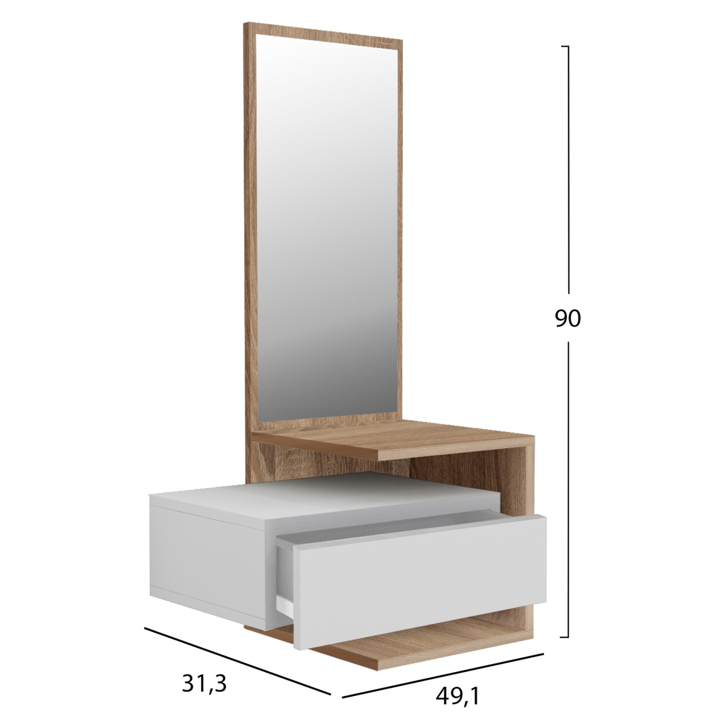 MEARA SONAMA WHITE MELAMINE WALNUT WALL ENTRANCE FURNITURE WITH MIRROR 49,1x31,3x90