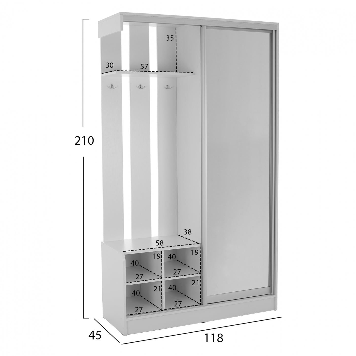 DULCE WHITE ENTRANCE FURNITURE WITH SLIDING WARDROBE & MIRROR 118x45x210