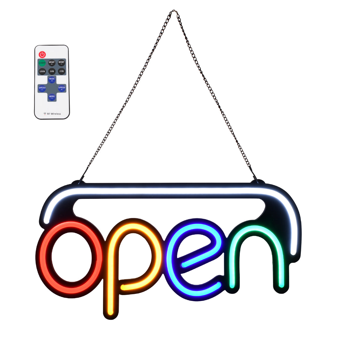 85859 Φωτιστικό Ταμπέλα Φωτεινή Επιγραφή NEON LED Σήμανσης Animated OPEN 30W AC 230V με Διακόπτη On/Off και Ασύρματο Χειριστήριο IR Λευκό - Κόκκινο - Πράσινο - Κίτρινο - Γαλάζιο