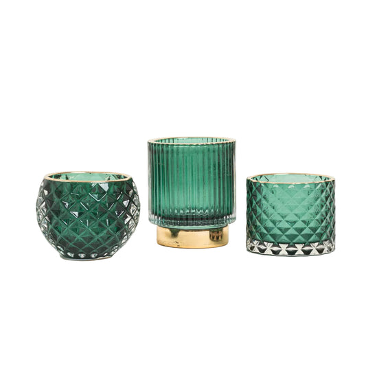 Κηροπήγιο Πράσινο Ανάγλυφο με Χρυσό Στόμιο 7x7x6