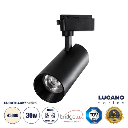 LUGANO 60816 Μονοφασικό Φωτιστικό Σποτ Ράγας LED 30W 3750lm 36° Acrylic HQ LENS AC 220-240V IP20 Φ7.5 x Υ22.7cm Φυσικό Λευκό 4500K - EUROTRACK® System 1L+1N - Μαύρο - Bridgelux Chip - TÜV Certified Driver