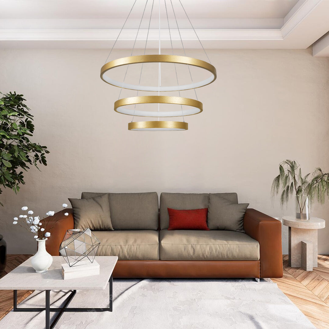 NEMESIS TRIO 61172-DECO Μοντέρνο Κρεμαστό Φωτιστικό Οροφής LED 120W 14723lm 360° AC 220-240V IP20 Ρυθμιζόμενο Λευκό CCT με Χειριστήριο από 2700K έως 6000K Dimmable - Lumileds SMD Chip - Χρυσό Βούρτσας - Μ40 x Π60 x Υ80