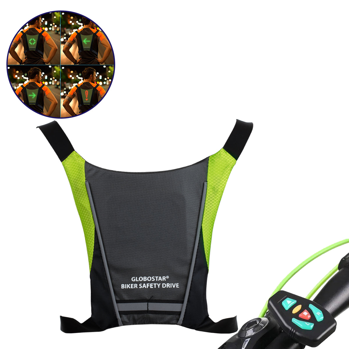 79070 Γιλέκο Ασφαλείας Φωσφοριζέ Αντανακλαστικό για Ποδηλάτες & Runners με Φωτεινή Σήμανση LED - Ενσωματωμένη Μπαταρία 650mAh DC 5V Επαναφορτιζόμενο με Καλώδιο Τροφοδοσίας USB & Ασύρματο Χειριστήριο - Μαύρο & Λαχανί Φωσφοριζέ Αδιάβροχο IP65