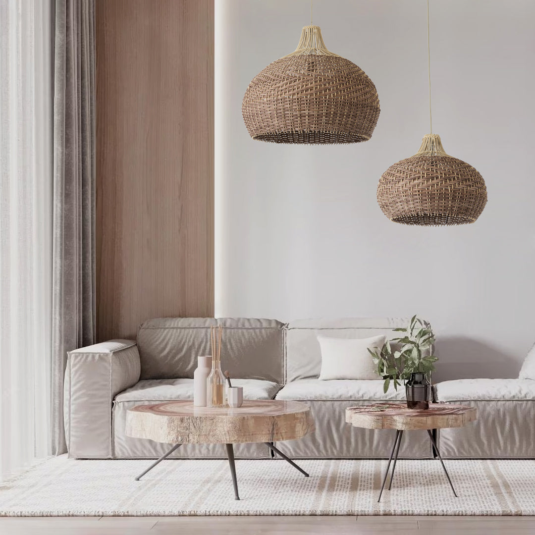 PANAMA 01953 Boho Κρεμαστό Φωτιστικό Οροφής Μονόφωτο 1 x E27 AC220-240V IP20 - Φ60 x Υ60cm - Μπεζ με Καφέ Ξύλινο Μπαμπού Πλέγμα Καμπάνα