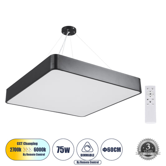 KAMALA 61208-P Κρεμαστή Πλαφονιέρα Οροφής LED CCT 75W 8625lm 120° AC 220-240V - Εναλλαγή Φωτισμού μέσω Τηλεχειριστηρίου All In One Ψυχρό 6000k+Φυσικό 4500k+Θερμό 2700k Dimmable Μ60 x Π60 x Υ8cm - Μαύρο