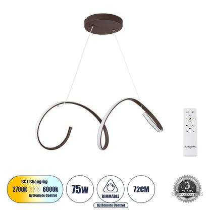 SPIRALE 61287 Κρεμαστό Φωτιστικό Οροφής Design LED CCT 75W 8400lm 300° AC 220-240V - Εναλλαγή Φωτισμού μέσω Τηλεχειριστηρίου All In One Ψυχρό 6000k+Φυσικό 4500k+Θερμό 2700k Dimmable Μ72 x Π25 x Υ30cm - Καφέ