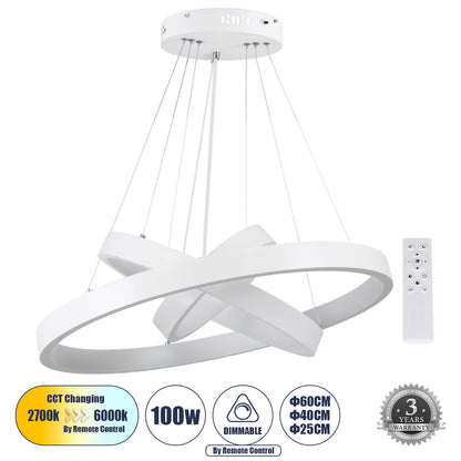 NEMESIS TRIO 61168-DECO Κρεμαστό Φωτιστικό Δαχτυλίδι-Κύκλος LED CCT 100W 12123lm 360° AC 220-240V - Εναλλαγή Φωτισμού μέσω Τηλεχειριστηρίου All In One Ψυχρό 6000k+Φυσικό 4500k+Θερμό 2700k Dimmable Φ25+40+60cm - Λευκό