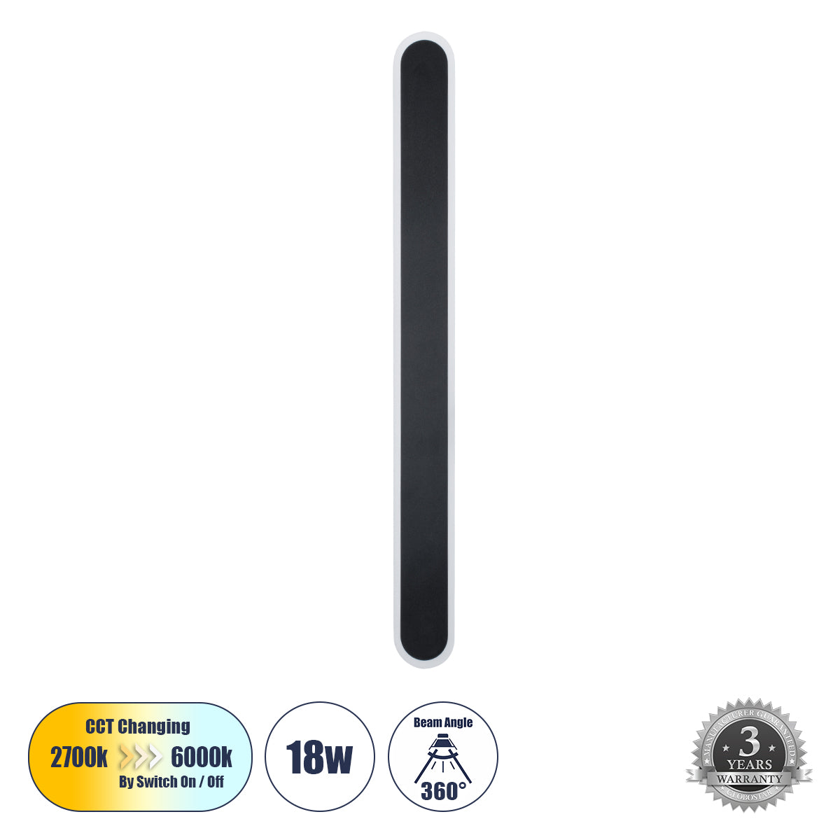 HOUSTON 61347 Μοντέρνο Φωτιστικό Τοίχου - Απλίκα LED 18W 2160lm 360° AC 220-240V IP20 Ρυθμιζόμενο Λευκό CCT με On/Off 2700K/4500K/6000K - Lumileds SMD Chip - Μαύρο Ματ - Μ6 x Π3 x Υ60