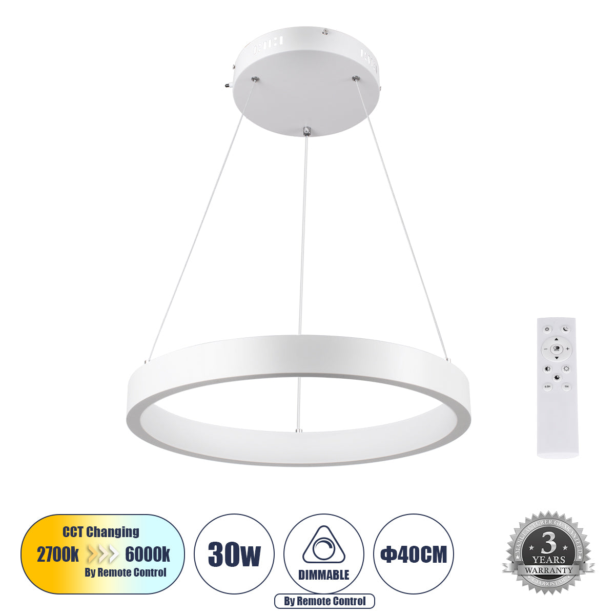 NEMESIS 61156 Μοντέρνο Κρεμαστό Φωτιστικό Οροφής LED 30W 3513lm 360° AC 220-240V IP20 Ρυθμιζόμενο Λευκό CCT με Χειριστήριο από 2700K έως 6000K Dimmable - Lumileds SMD Chip - Λευκό Ματ - Μ40 x Π40 x Υ4