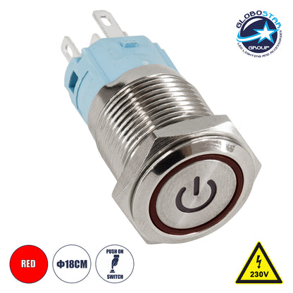 70776 LED Φωτιζόμενος Διακόπτης Χωνευτός - Μπουτόν PUSH On Ανοξείδωτος AC 220-240V Αδιάβροχο IP67 Φ18mm με Angel Eye Κόκκινο