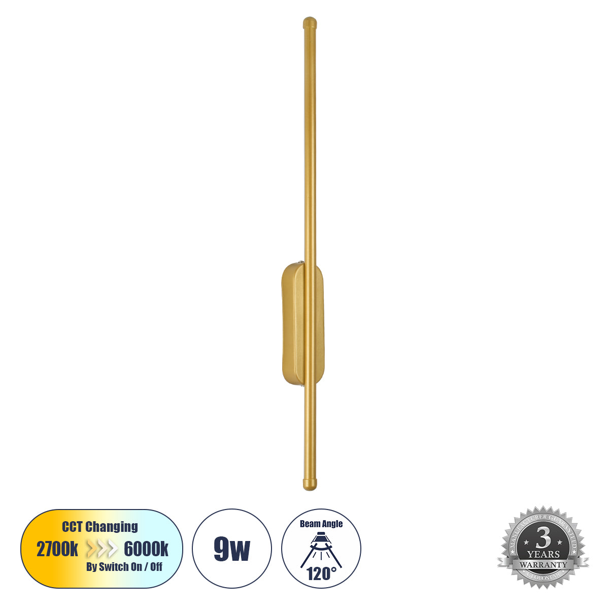 HARLEM 61332 Φωτιστικό Τοίχου - Απλίκα Design LED CCT 9W 1080lm 120° AC 220-240V - Εναλλαγή Φωτισμού μέσω Διακόπτη On/Off All In One Ψυχρό 6000k+Φυσικό 4500k+Θερμό 2700k Μ5 x Π4 x Υ60cm - Χρυσό