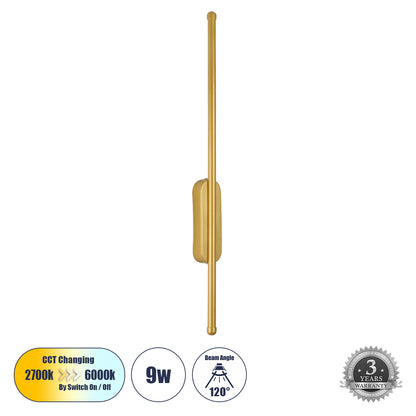 HARLEM 61332 Φωτιστικό Τοίχου - Απλίκα Design LED CCT 9W 1080lm 120° AC 220-240V - Εναλλαγή Φωτισμού μέσω Διακόπτη On/Off All In One Ψυχρό 6000k+Φυσικό 4500k+Θερμό 2700k Μ5 x Π4 x Υ60cm - Χρυσό