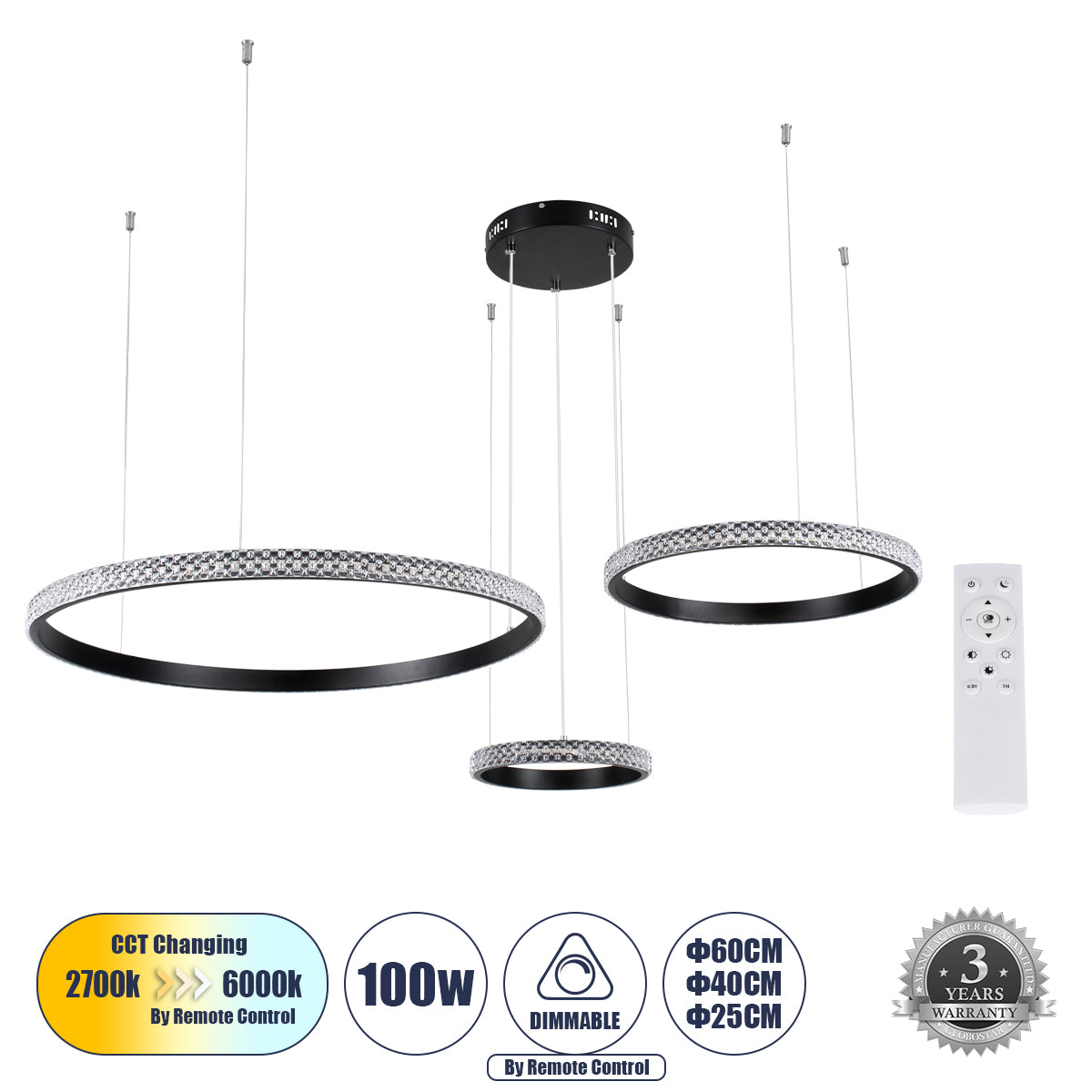 DIAMOND TRIO 61142 Μοντέρνο Κρεμαστό Φωτιστικό Οροφής LED 100W 12123lm 360° AC 220-240V IP20 Ρυθμιζόμενο Λευκό CCT με Χειριστήριο από 2700K έως 6000K Dimmable - Lumileds SMD Chip - Μαυρό Ματ - Μ110 x Π110 x Υ60