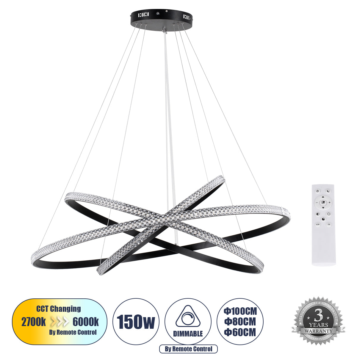 DIAMOND TRIO 61140-DECO Κρεμαστό Φωτιστικό Δαχτυλίδι-Κύκλος LED CCT 150W 18379lm 360° AC 220-240V - Εναλλαγή Φωτισμού μέσω Τηλεχειριστηρίου All In One Ψυχρό 6000k+Φυσικό 4500k+Θερμό 2700k Dimmable Φ60+80+100cm - Μαύρο