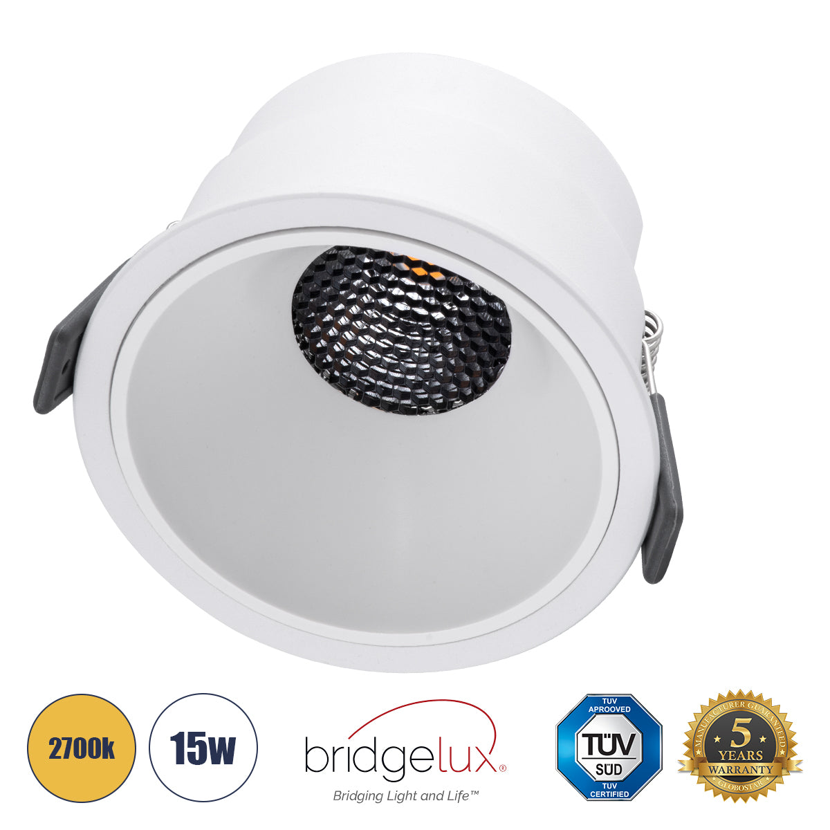 PLUTO-B 60261 Χωνευτό LED Spot Downlight TrimLess Φ10.4cm 15W 1875lm 38° AC 220-240V IP20 Φ10.4 x Υ6.5cm - Στρόγγυλο - Λευκό & Anti-Glare HoneyComb - Θερμό Λευκό 2700K - Bridgelux COB