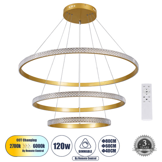 DIAMOND TRIO 61139 Μοντέρνο Κρεμαστό Φωτιστικό Οροφής LED 120W 14723lm 360° AC 220-240V IP20 Ρυθμιζόμενο Λευκό CCT με Χειριστήριο από 2700K έως 6000K Dimmable - Lumileds SMD Chip - Χρυσό Βούρτσας - Μ80 x Π80 x Υ60