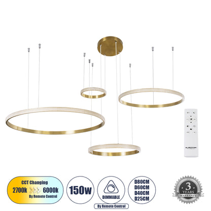 DIAMOND TETRA 61149 Μοντέρνο Κρεμαστό Φωτιστικό Οροφής LED 150W 18379lm 360° AC 220-240V IP20 Ρυθμιζόμενο Λευκό CCT με Χειριστήριο από 2700K έως 6000K Dimmable - Lumileds SMD Chip - Χρυσό Βούρτσας - Μ150 x Π150 x Υ60