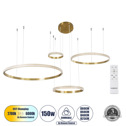 DIAMOND TETRA 61149 Μοντέρνο Κρεμαστό Φωτιστικό Οροφής LED 150W 18379lm 360° AC 220-240V IP20 Ρυθμιζόμενο Λευκό CCT με Χειριστήριο από 2700K έως 6000K Dimmable - Lumileds SMD Chip - Χρυσό Βούρτσας - Μ150 x Π150 x Υ60