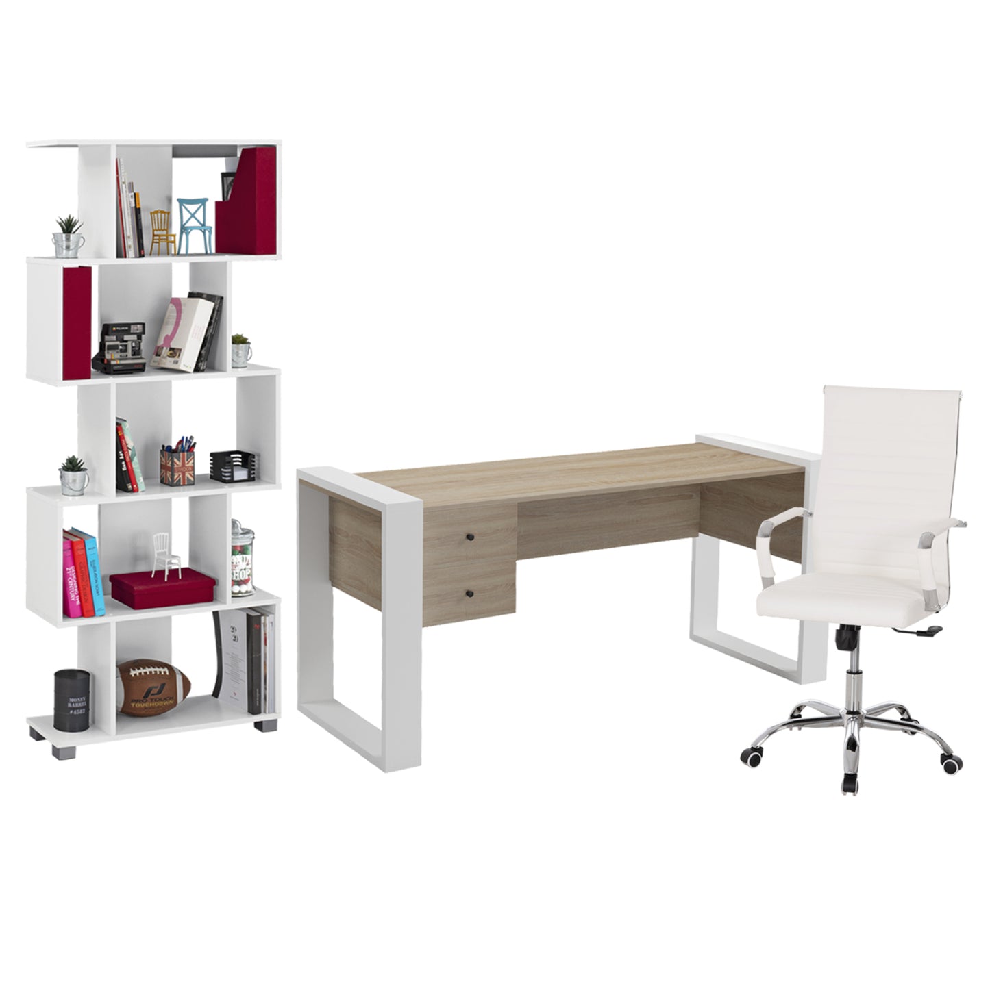 STUDENT SET 3 PCS DESK-BOOKCASE-OFFICE CHAIR WHITE