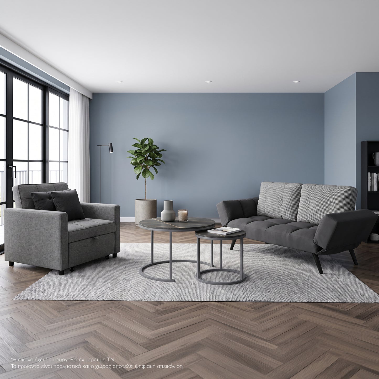 STUDENT LIVING ROOM SET 3 PCS GREY FABRIC MDF BLACK MARBLE