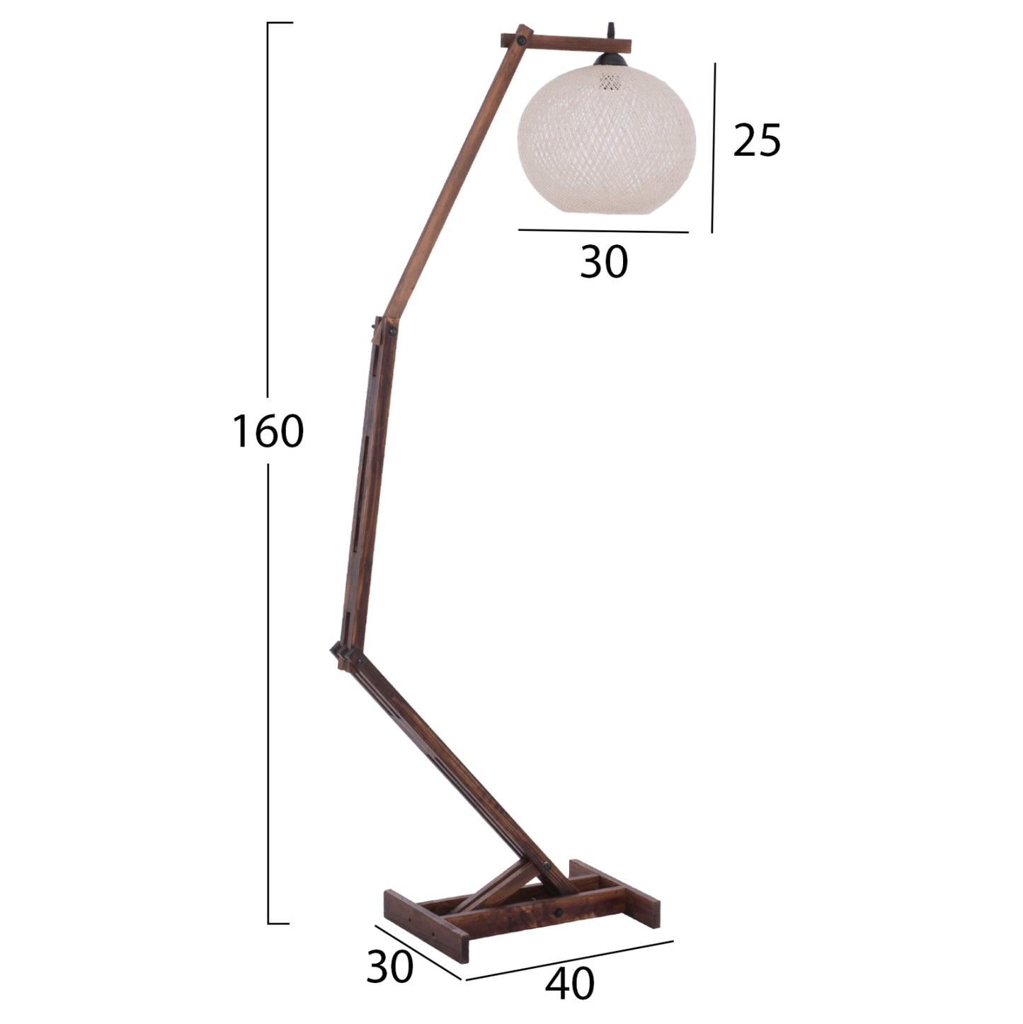 ARTICULATED WOODEN FLOOR LAMP WITH SPHERICAL ROPE SHADE 40x30x160