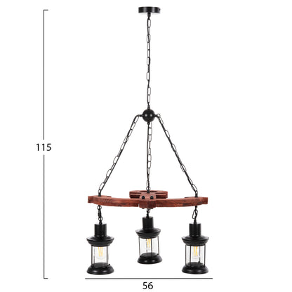 CEILING LIGHT 3-LIGHT WOOD METAL GLASS 115cm