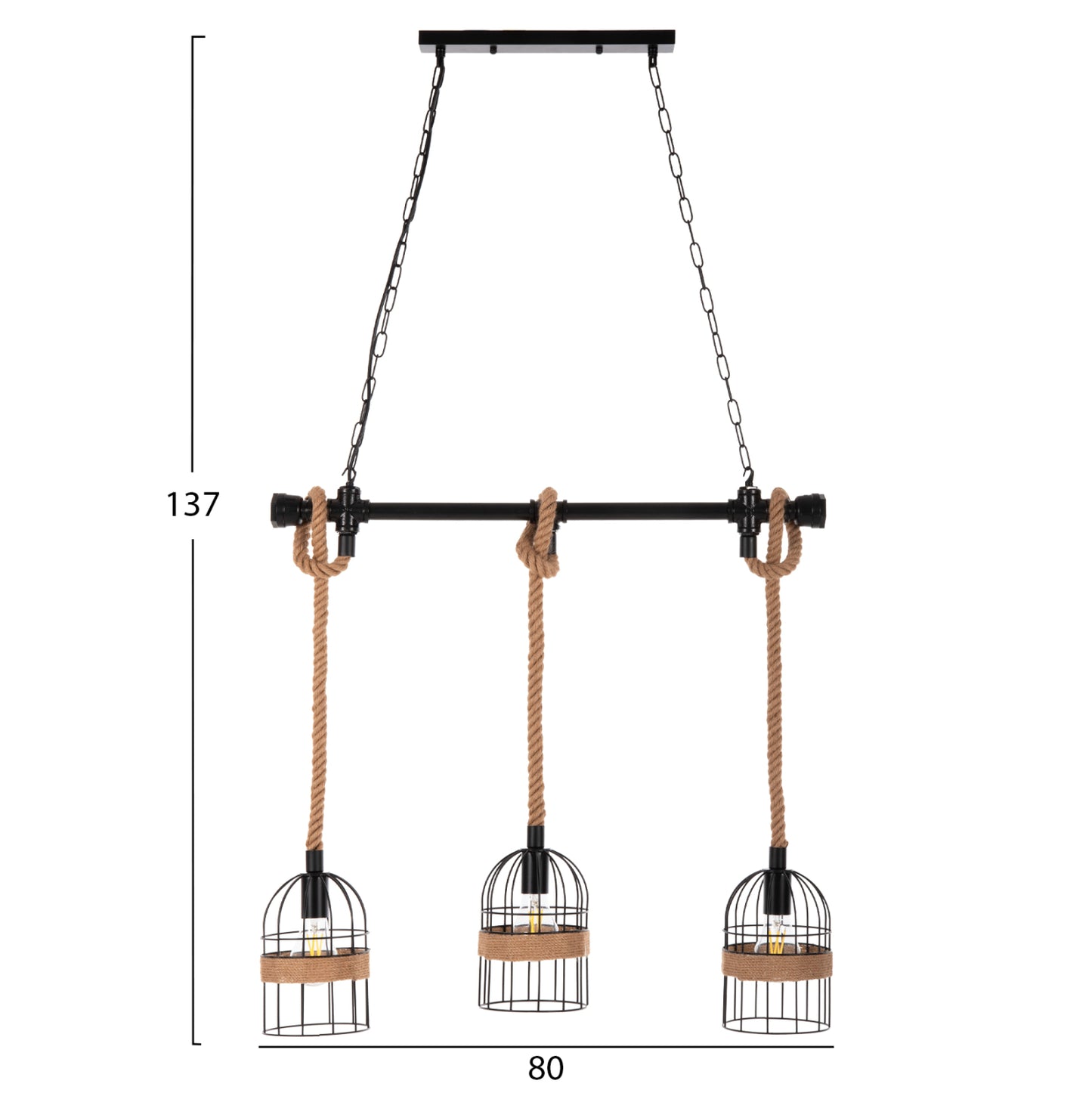 CEILING LIGHT 3-LIGHT PENDANT METAL BLACK ROPE NATURAL 80x14.5x137