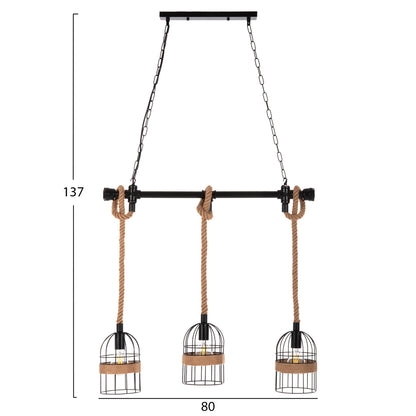 CEILING LIGHT 3-LIGHT PENDANT METAL BLACK ROPE NATURAL 80x14.5x137