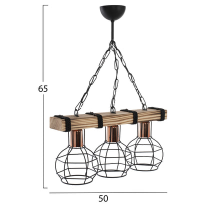 CEILING LIGHT 3-BULB WITH WOOD AND METAL GRILLES 50x16x65