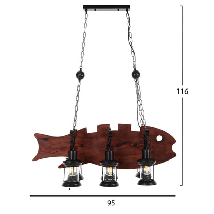 CEILING HANGING LAMP 6-LIGHT WOODEN FISH BLACK METAL GLASS 95x35x116