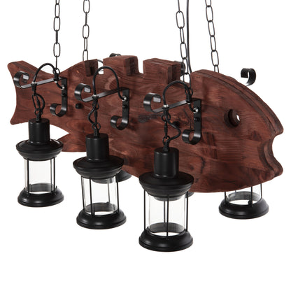 CEILING HANGING LAMP 6-LIGHT WOODEN FISH BLACK METAL GLASS 95x35x116