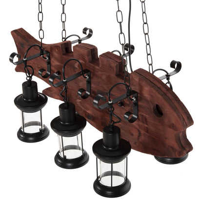 CEILING HANGING LAMP 6-LIGHT WOODEN FISH BLACK METAL GLASS 95x35x116