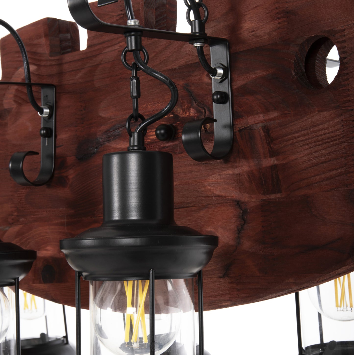 CEILING HANGING LAMP 6-LIGHT WOODEN FISH BLACK METAL GLASS 95x35x116