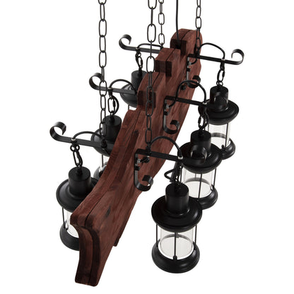 CEILING HANGING LAMP 6-LIGHT WOODEN FISH BLACK METAL GLASS 95x35x116
