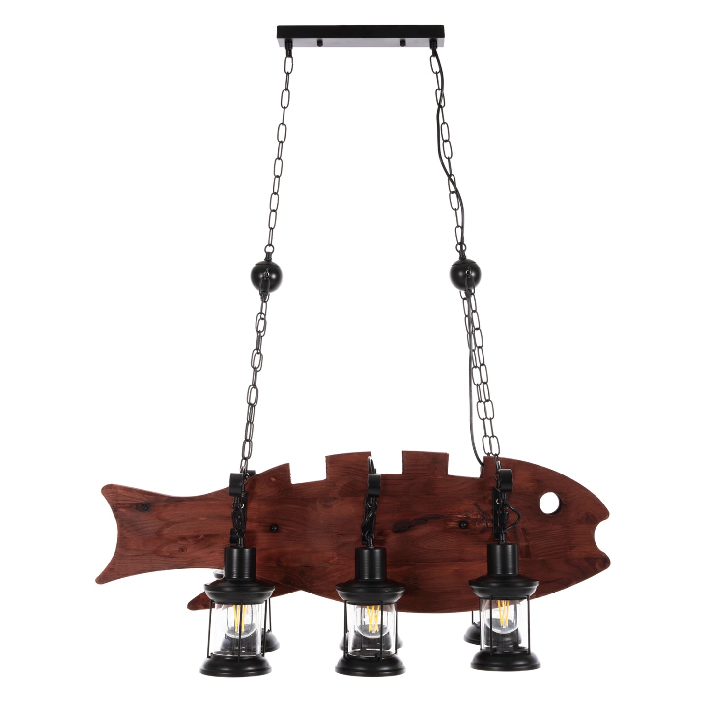 CEILING HANGING LAMP 6-LIGHT WOODEN FISH BLACK METAL GLASS 95x35x116