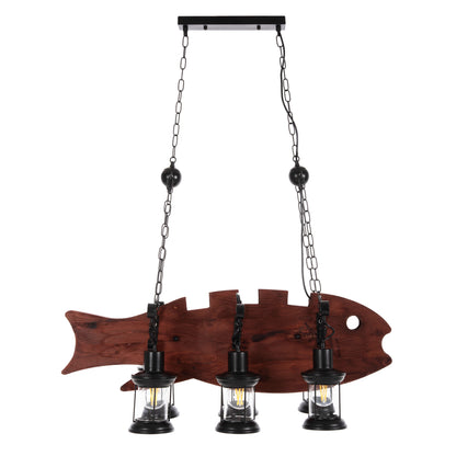 CEILING HANGING LAMP 6-LIGHT WOODEN FISH BLACK METAL GLASS 95x35x116
