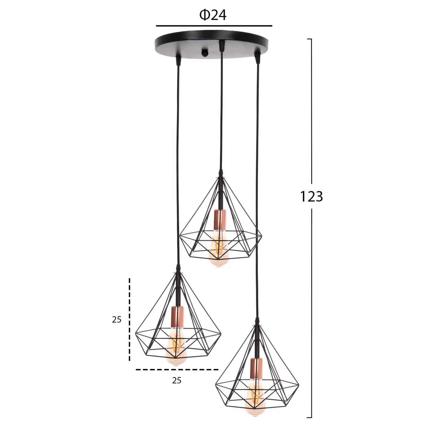 HANGING CEILING LIGHT 3-LIGHT BLACK METAL 25x22x123