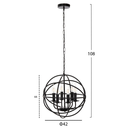 CEILING PENDANT LIGHT BLACK METAL SPHERE 6-LIGHT Ø42x108