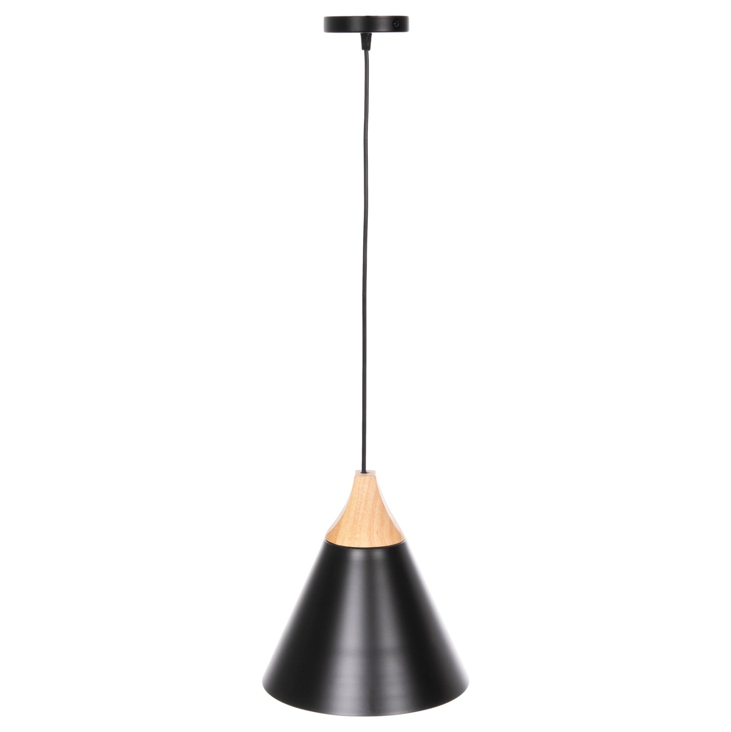 PENDANT CEILING LIGHT BLACK METAL SHADE WOOD D22x115