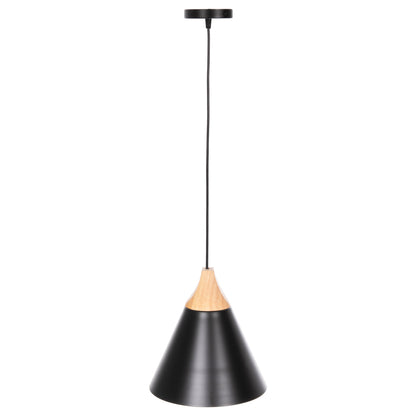 PENDANT CEILING LIGHT BLACK METAL SHADE WOOD D22x115