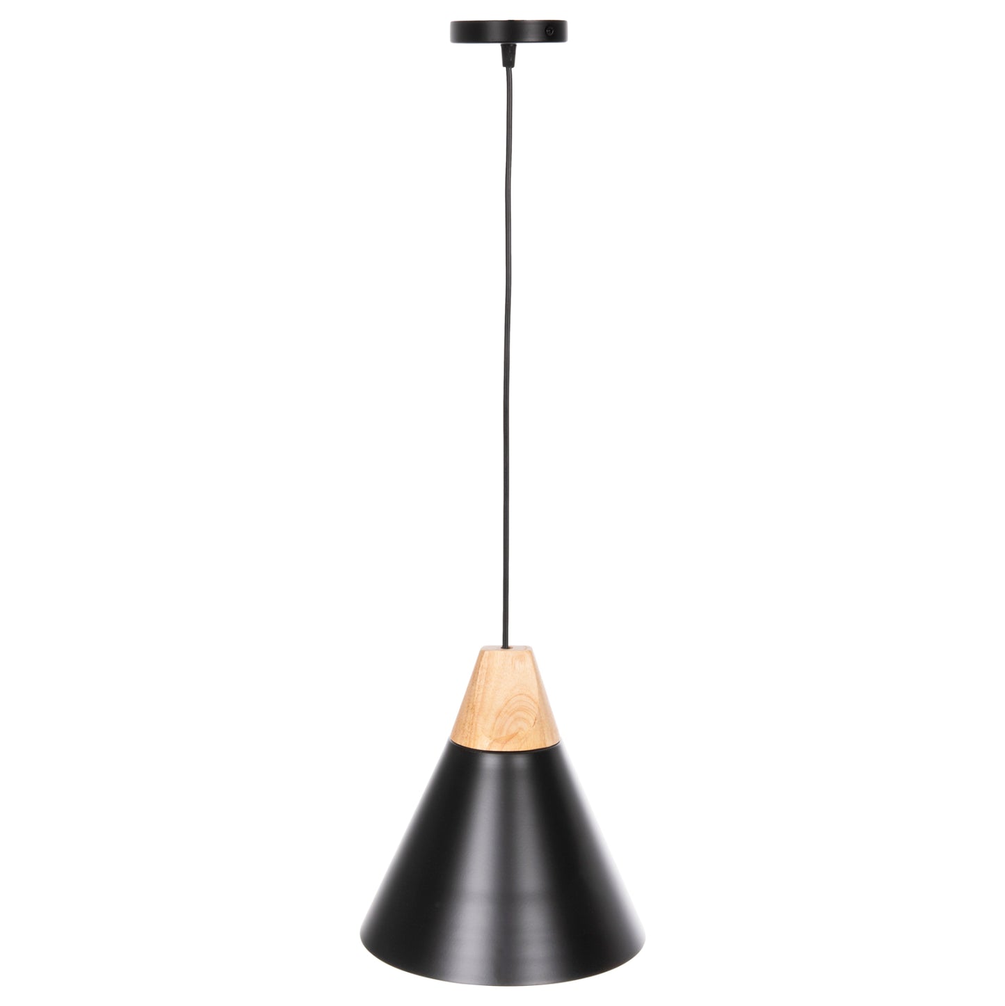 PENDANT CEILING LIGHT BLACK METAL SHADE WOOD D22x115