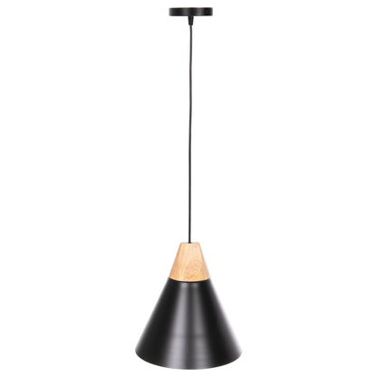 PENDANT CEILING LIGHT BLACK METAL SHADE WOOD D22x115
