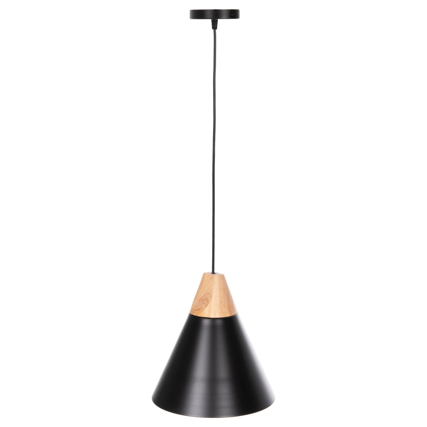 PENDANT CEILING LIGHT BLACK METAL SHADE WOOD D22x115
