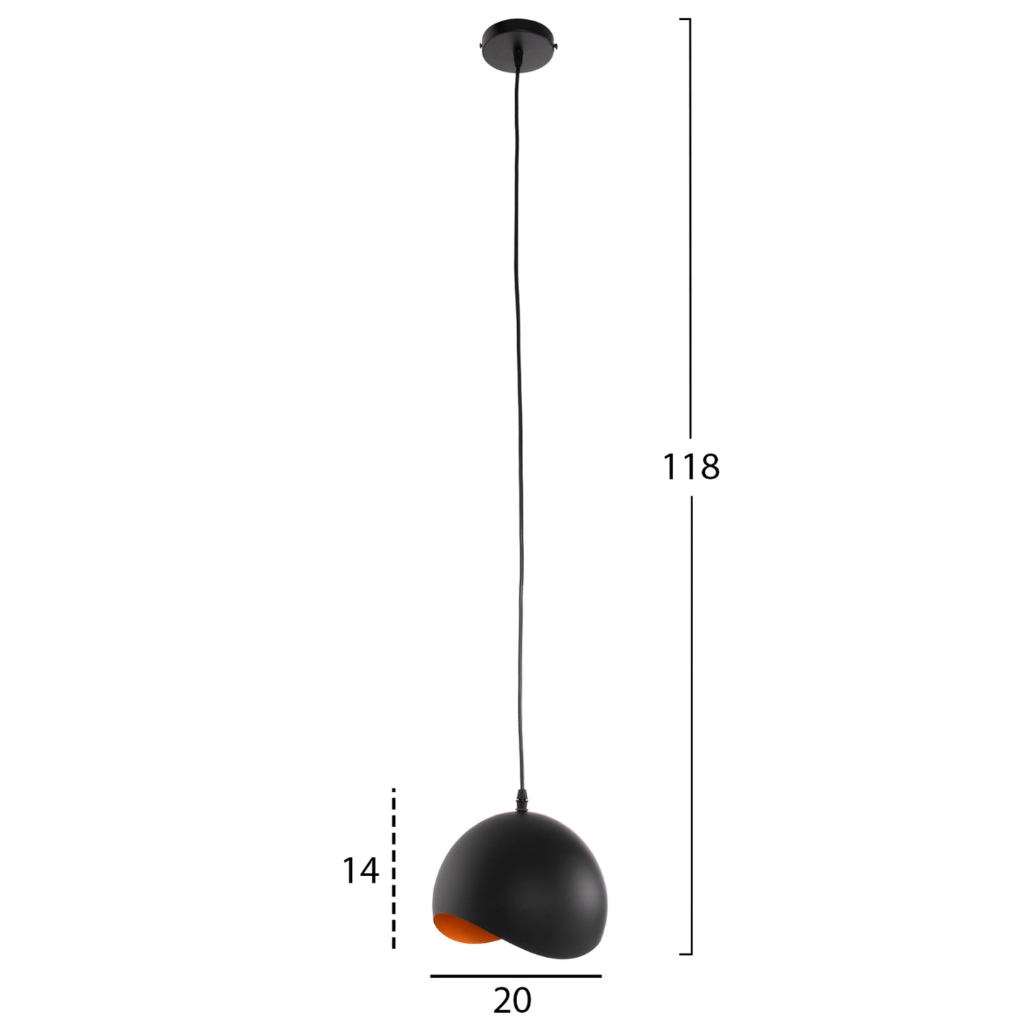 CEILING PENDANT LAMP METAL SPHERE BLACK ORANGE D20x118