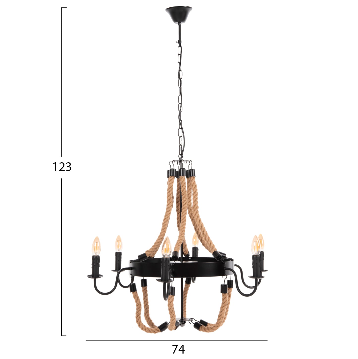 CEILING PENDANT LIGHT 6-LIGHT ROPE AND BLACK METAL 74x74x123