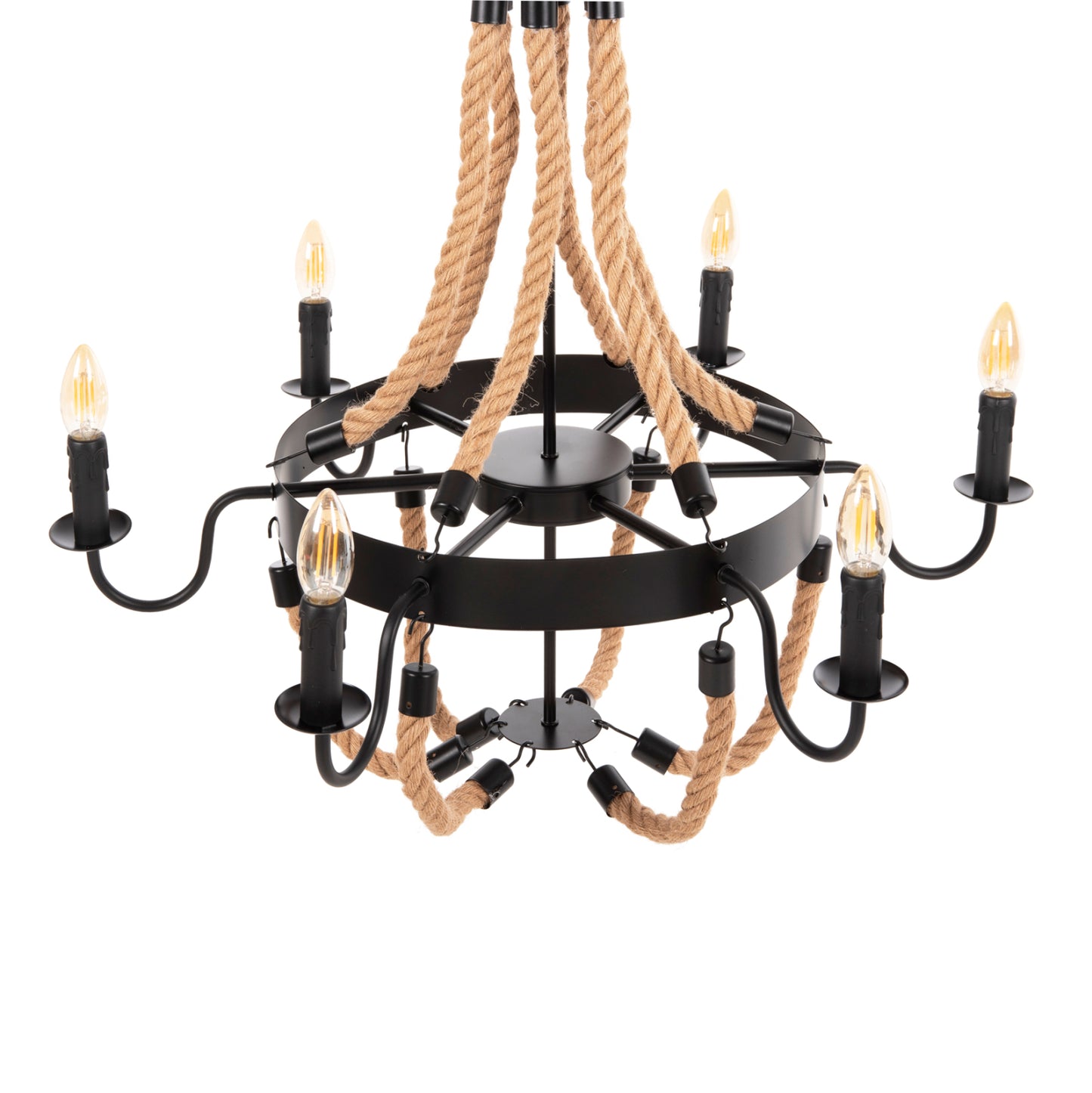 CEILING PENDANT LIGHT 6-LIGHT ROPE AND BLACK METAL 74x74x123