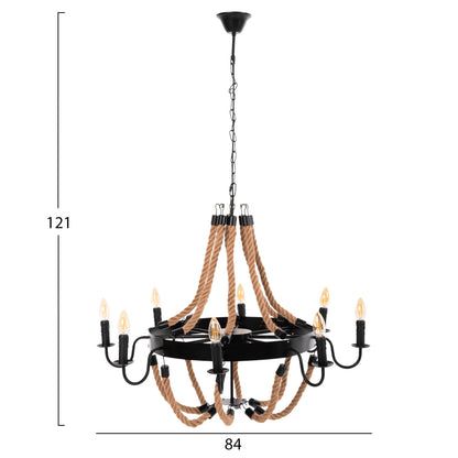 CEILING LIGHT PENDANT 8-LIGHT ROPE AND BLACK METAL 84x84x121