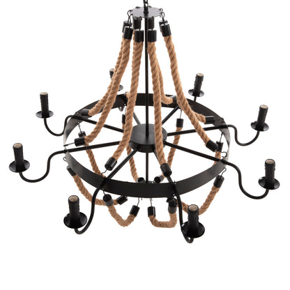 CEILING LIGHT PENDANT 8-LIGHT ROPE AND BLACK METAL 84x84x121