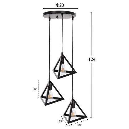 CEILING PENDANT LIGHT 3 BLACK METAL PYRAMID SHADES Φ23x124